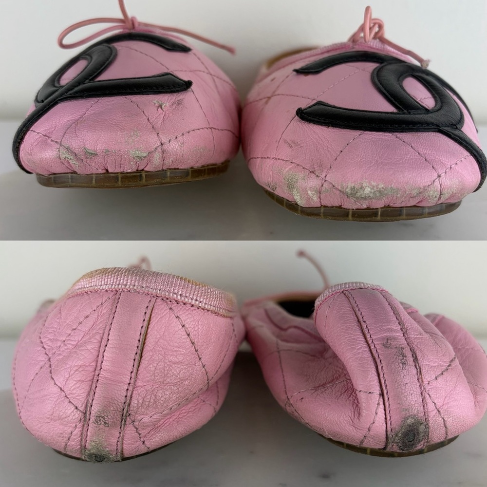 Vintage Authentic Chanel Cambon Ballet Flats~ in Pink/Black Quilted Leather - Picture 9 of 16